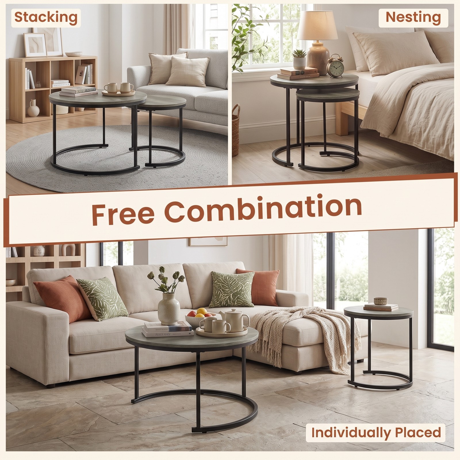 Furnibear Set of 2 Modern Round Nesting Coffee Tables, Stackable Space-Saving Side End Tables with Powder-Coated Steel Frame for Living Room Bedroom, Oak