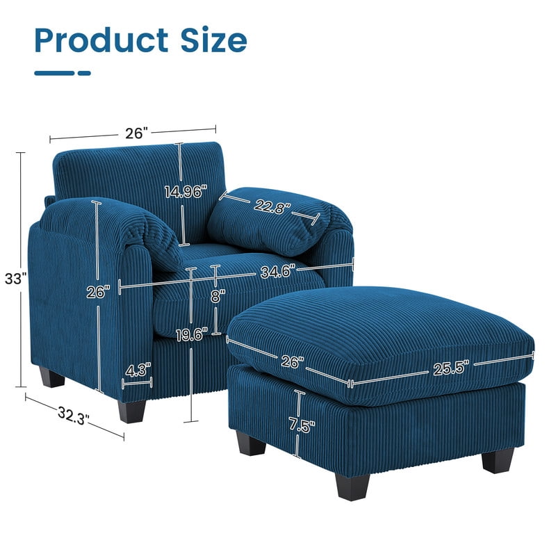 RIAFUN Single Sofa with Ottoman, Corduroy Accent Armchair Convertible Sectional Couch for Living Room Bedroom Reading Room, Navy