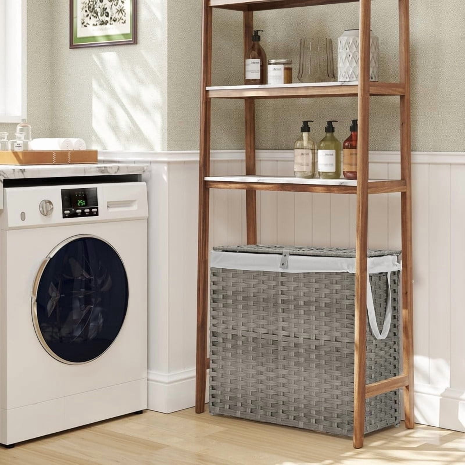 Kelno 110L Laundry Basket with Lid Foldable Rattan Clothes Hamper with Removable Liner Bag, Gray