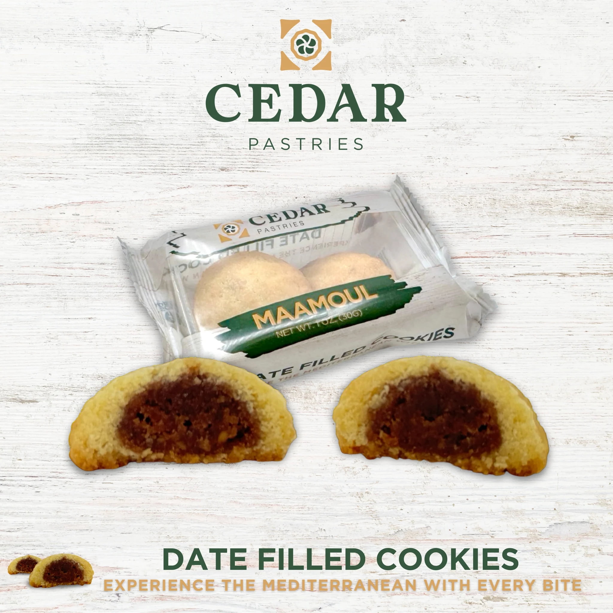 Cedar Pastries 12 oz Date Maamoul Cookies – Traditional Mediterranean Filled Shortbread Cookies with Sweet Date Filling, Handmade Authentic Middle Eastern Dessert Snack