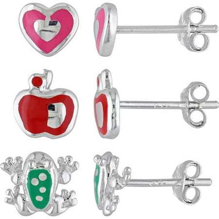 Cutie Pie Sterling Silver Heart, Apple and Frog Girls' Pink, Red and Green Enamel 3-Piece Earring Set