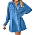 thumbnail image 5 of Female Denim Dress Long Sleeve Fall Western Outfit Babydoll Button Down Mini Jean Dresses Trendy with Pockets Blue M, 5 of 8