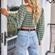 thumbnail image 4 of Tops a cuadros para mujer,Top corto a cuadros Puff Camisa a cuadros para mujer Blusa corta de manga larga fiel a su promesa, 4 of 6