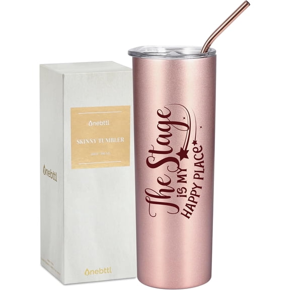 Theater Gifts, Broadway Musical Gifts for Women Actors, Musicians on World Theatre Day, 20oz Insulated Stainless Steel Tumbler - Happy Place Rose Gold