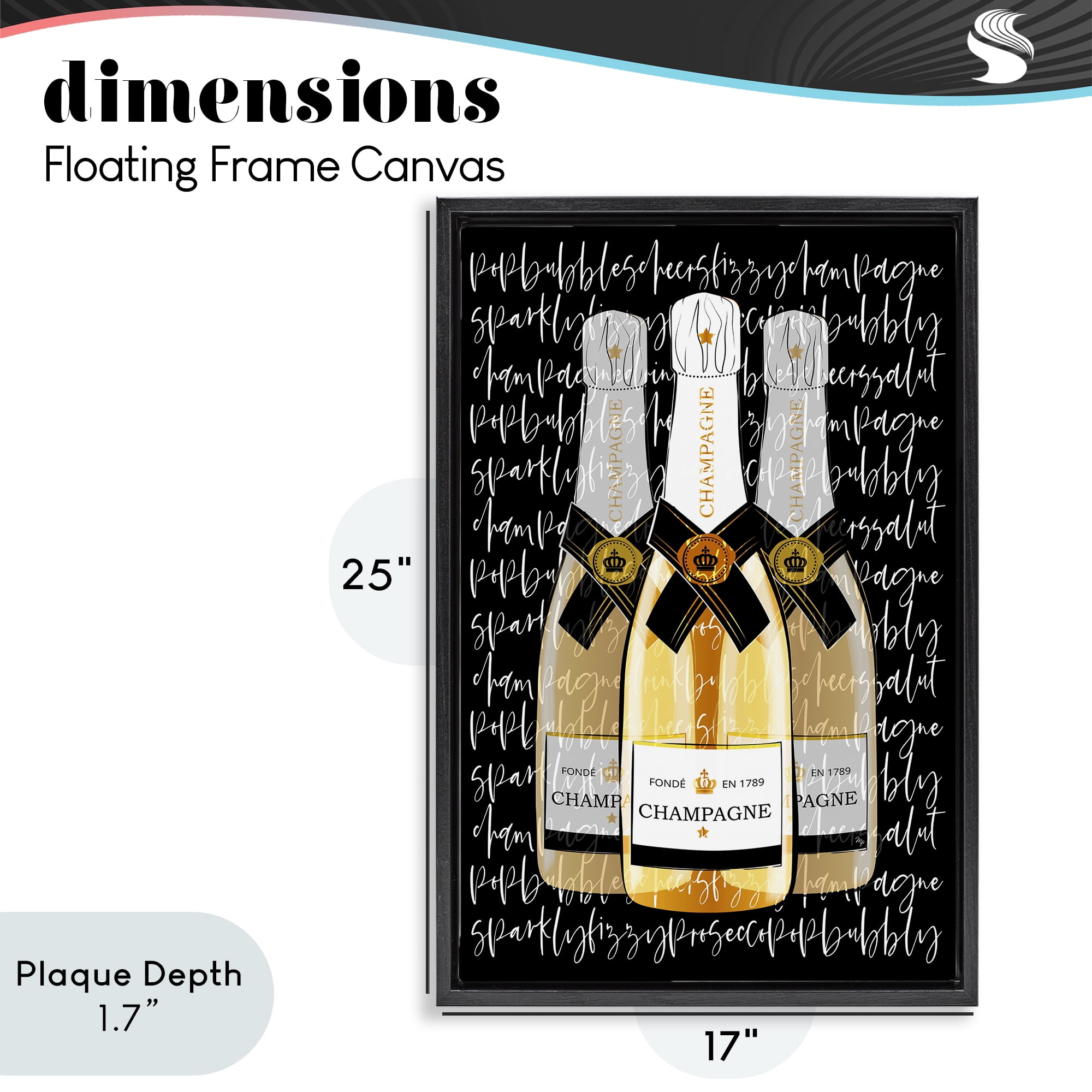 Stupell Industries Triple Champagne Bottle Love Black Framed Floater Canvas Wall Art, design by Martina Pavlova