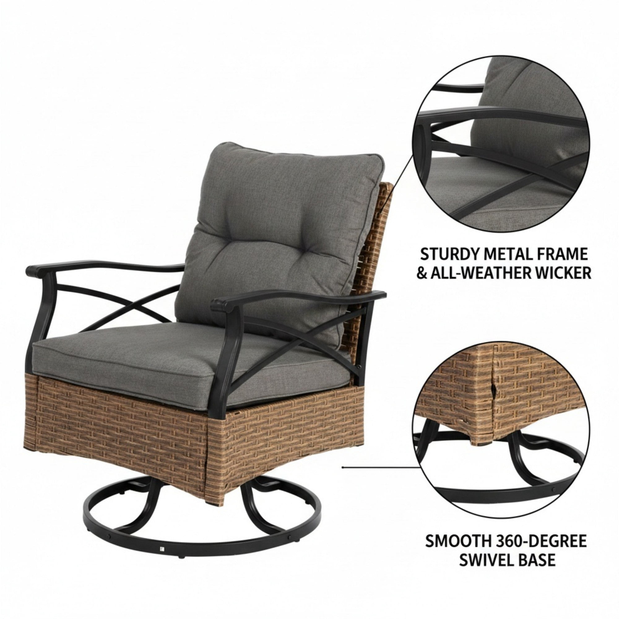 Sailvan 3-Piece Outdoor Swivel Rocker Chairs Set,Wicker Patio Conversation Set with Side Table,350lbs Capacity,Brown Brown&Gray