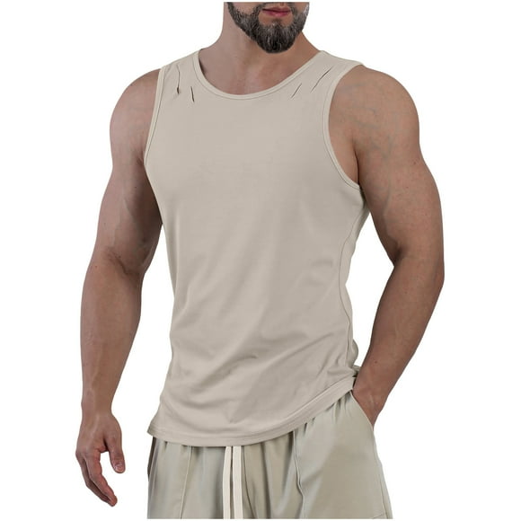 Txeol Deals Today Athletic Tank Tops for Men Workout Sleeveless Muscle Tee Basic Crewneck Bodybuilding T Shirts Train Fintess Running Tee,Beige,XL