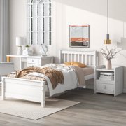 paproos Twin Bed Frame with Nightstand, Solid Pine Wood Platform Bed with Headboard and Footboard, Strong Wooden Slats Support, Heavy Duty Twin Size Bed with a Nightstand for Kids Teens Adults, White