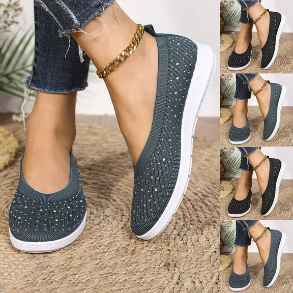 Miluxas Ballets Flats for Women Dressy: Comfortable Soft Knit Work Flats Glitter Rhinestone Round Toe Casual Shoes for office Wedding Green 8(41)