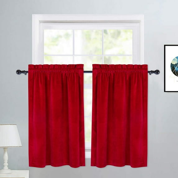 Haperlare Vintage Kitchen Curtains 36 inch Long Elegant Velvet Cafe Curtains Room Darkening Half Window Treatment Set, Red, 2 Panels