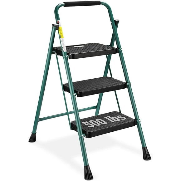 3 Step Ladder, Folding Step Stool with Wide Anti-Slip Pedal, 500 lbs Sturdy Steel Ladder, Convenient Handgrip, Lightweight, Portable, Green and Black
