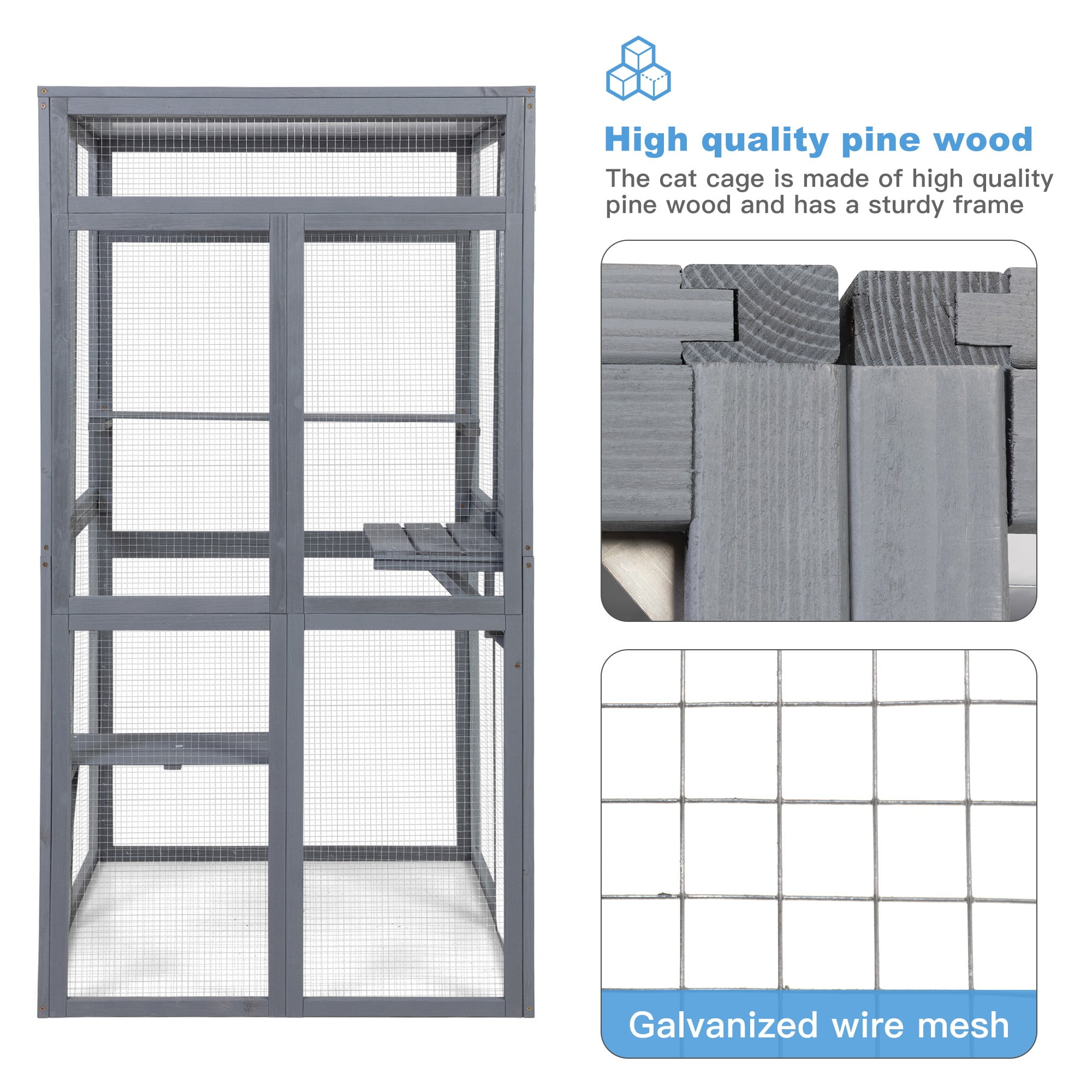 Pefilos 64" Cat House Outdoor Catio Cat Enclosures Wooden Kitty House with Platforms, Waterproof Roof, Hammock, Gray