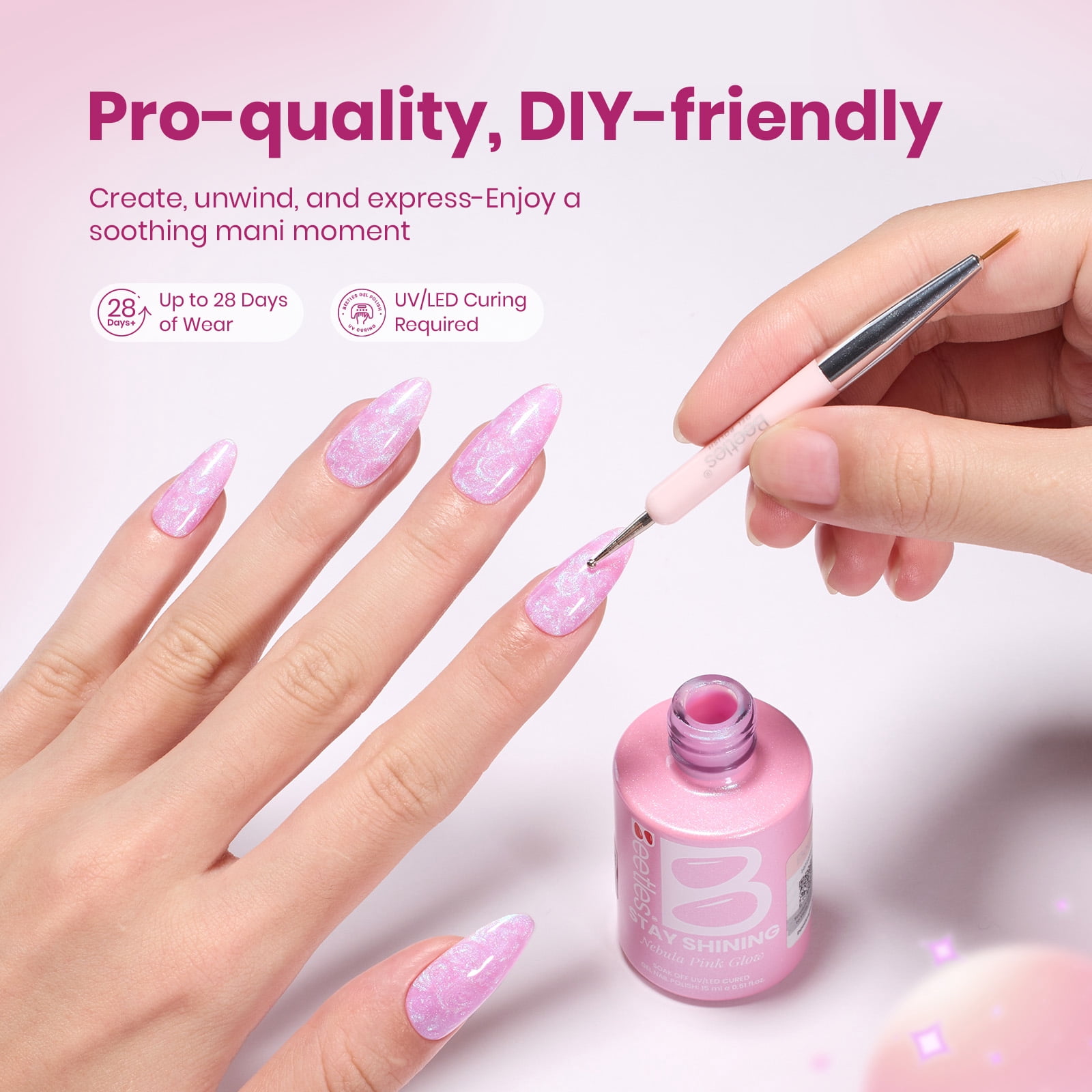 Beetles Gel Nail Polish, Stay Shining Nebula Pink Glow Shade with Textured Ribbed Effect, 0.51 fl oz