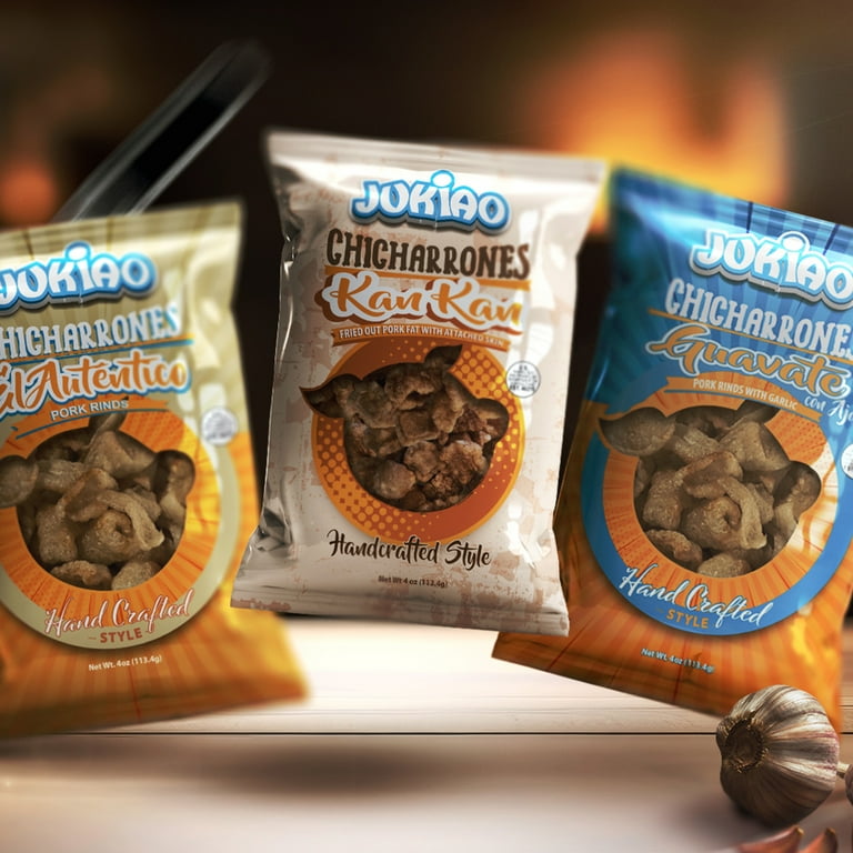 Jukiao Kan Kan Style Pork Rinds, Chicharrones in Plastic Bag