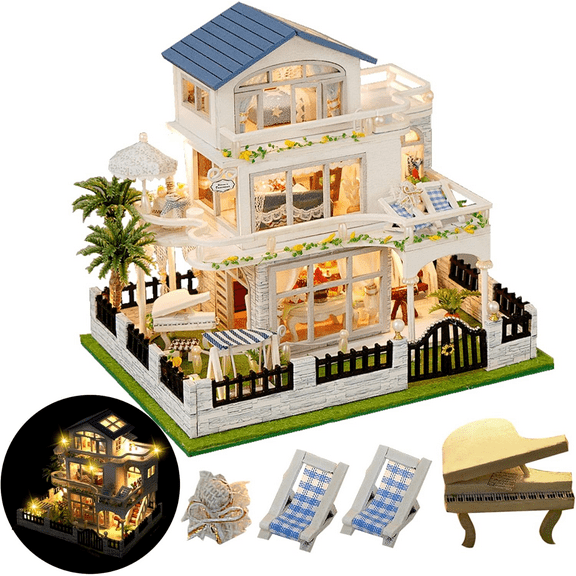 DIY Miniature House Kit, BUSATIA Mini House Kit for Beginners, Creative Doll House, Mayberry Street Miniatures, Model Building Craft Diorama Kit, Ideal Gifts for Birthday, Christmas(Blue Mansion)