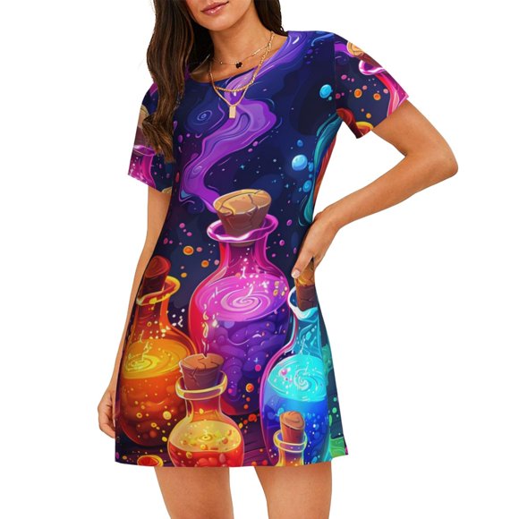 Vsdgher Colorful Potion Bottles Magic Pattern Womens Short Sleeve Sleepshirt Scoopneck Cute Nightdress Ruffle Comfy Nightgown