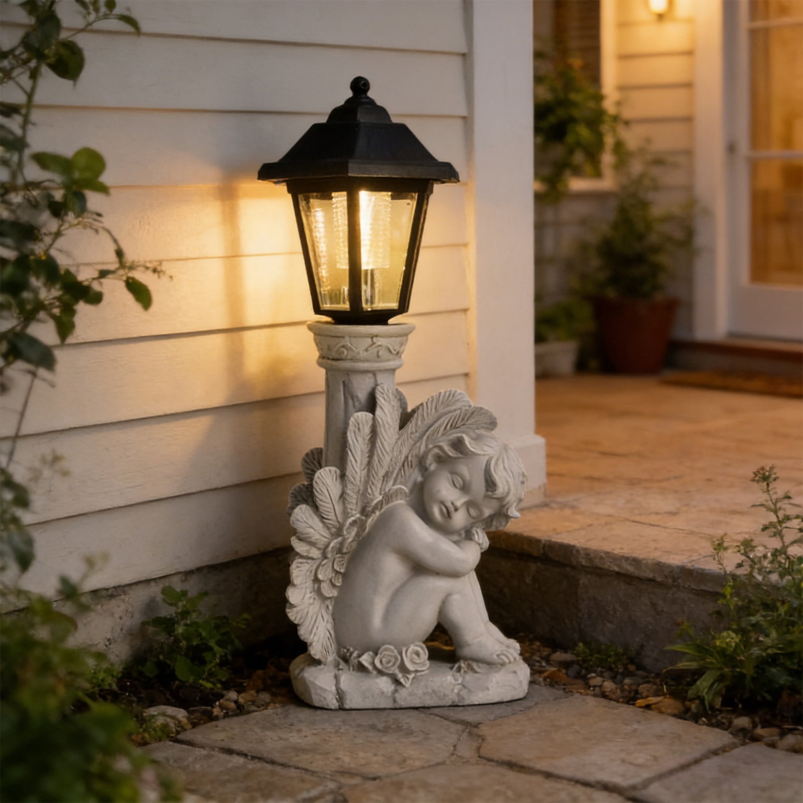KOYPTL Angel Statue with Solar Lights 14",Solar Cherub Angel Garden Statue with Roma Pillar for Garden Porch,Patio,Yard Pathways Art Decorations,Resin Outdoor Lawn Decor,Christian Religious Gift