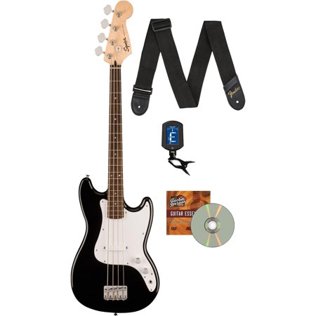Fender Squier Sonic Bronco Bass Guitar, Laurel Fingerboard - Black Bundle with Tuner, Strap, and Austin Bazaar Guitar DVD