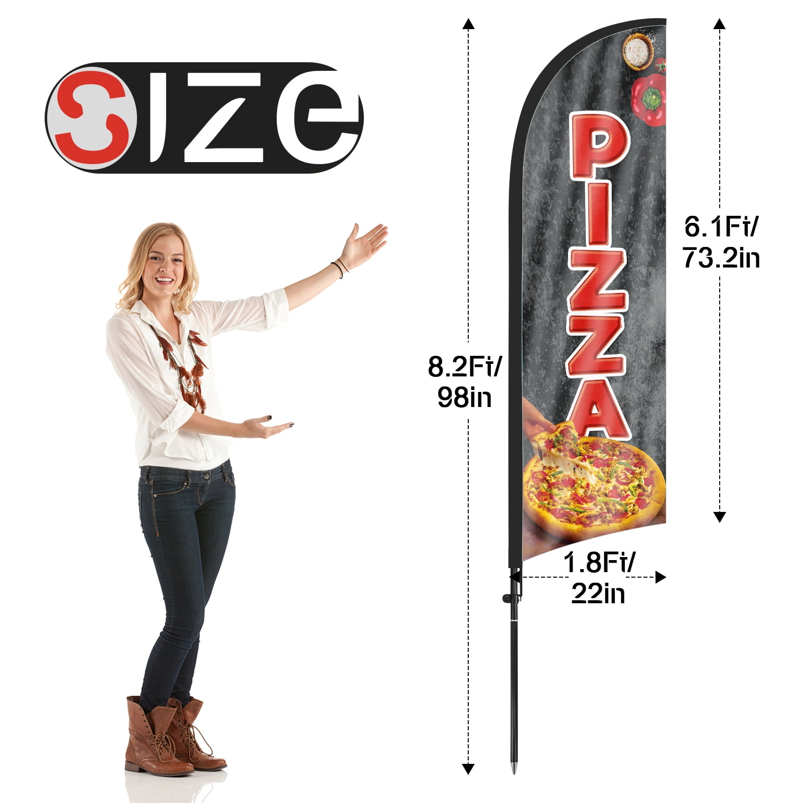 QSUM Pizza Feather Flag with Flag Pole Kit and Ground Spike, 8.2FT Pizza Windless Flag Banner Sign Business for Outdoor Advertising Sign Decoration Display