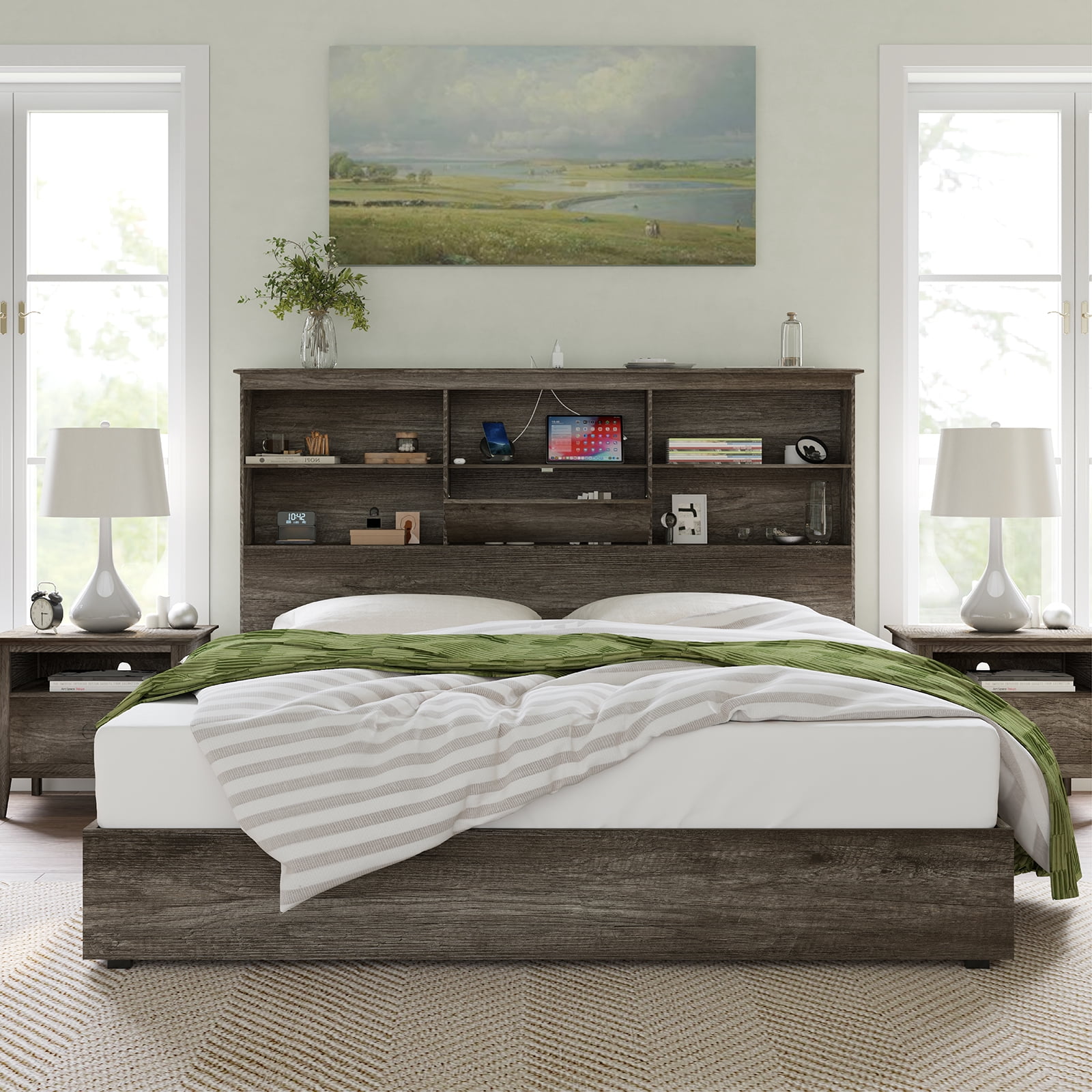 Merluxy King Size Bed Frame Wooden Platform Bed with Storage Bookcase Headboard, 4 Storage Drawers & Charging Station/Noise Free/Rustic Grey