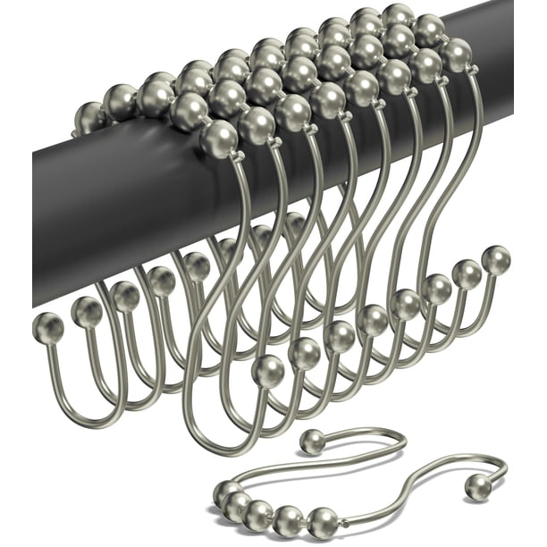 Ganchos dobles para cortina de ducha a prueba de óxido (juego de 12) – Anillos de cortina de ducha de acero inoxidable con bolas de rodillo deslizantes sin esfuerzo – Ganchos dobles de fácil instalaci