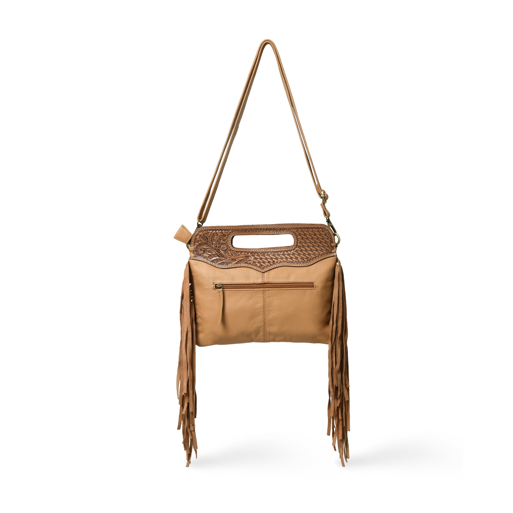 Women's Western Fringe Leather Hand Bag – Sling Bag Suede Hair-On Handbag with Adjustable Strap, Handmade Sling Purse 12"x10" Tan n White