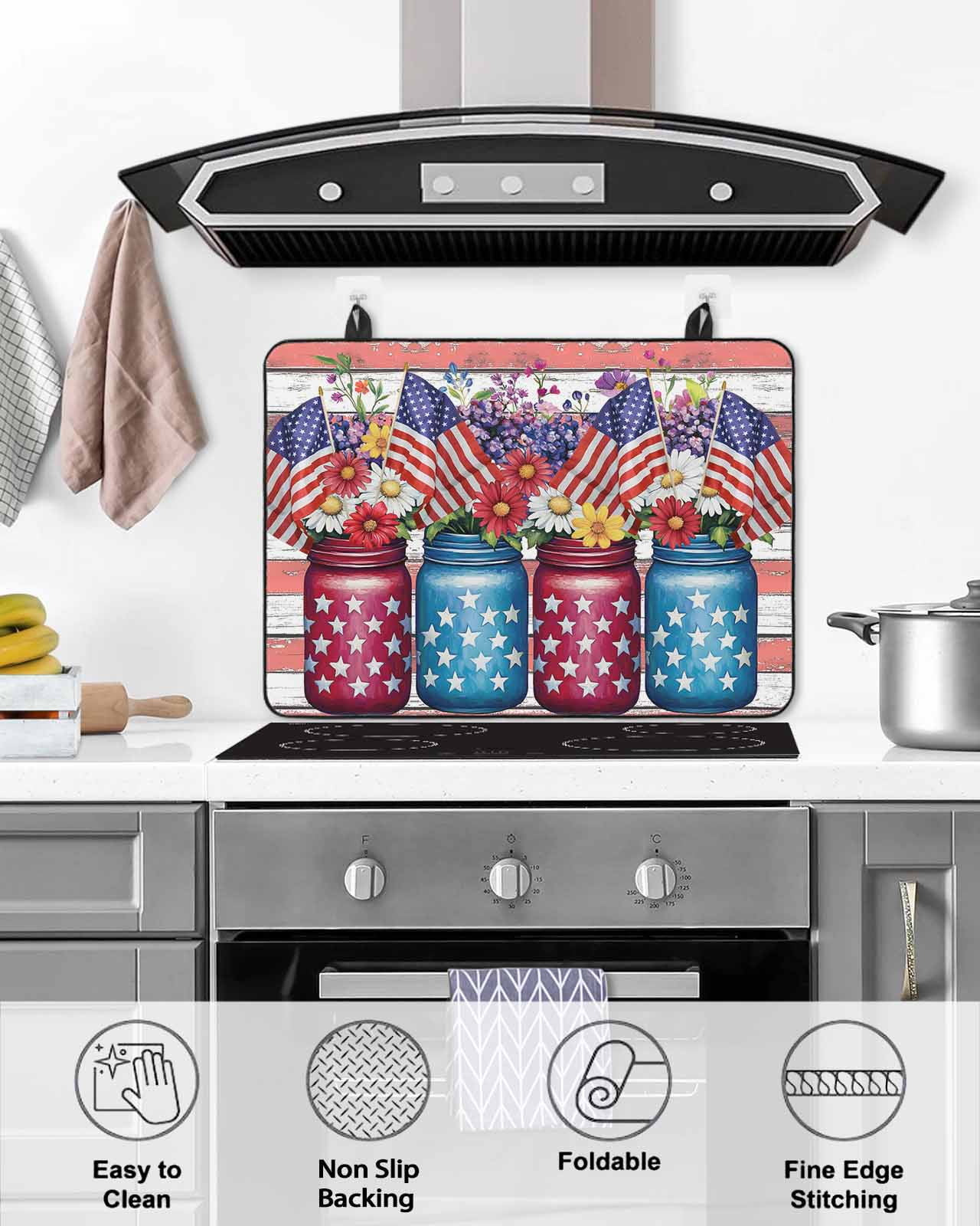 nqOlkjepod Large Induction Cooktop Protector Mat 24"x21", 4th of July Stove Top Covers for Electric Stove, Independence Day Red Striped Floral Stove Burner Cover Mats, Glass Top Stove Cover