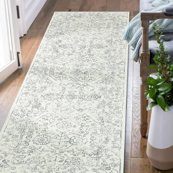 EnjinZZ Hallway Runner Rug 3x8 Washable Kitchen Flora Faux Wool Non-Slip with Rubber Backing Soft Thin Vintage Carpet Runner for Bedroom Bathroom Laundry Room Living Room (3x8ft,Grey)