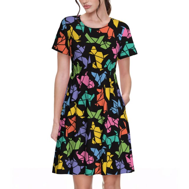 Balery Colorful Geometric Dog Vestidos sueltos de manga corta para mujer, vestidos de verano 2025, vestidos casuales de corte A con vuelo.