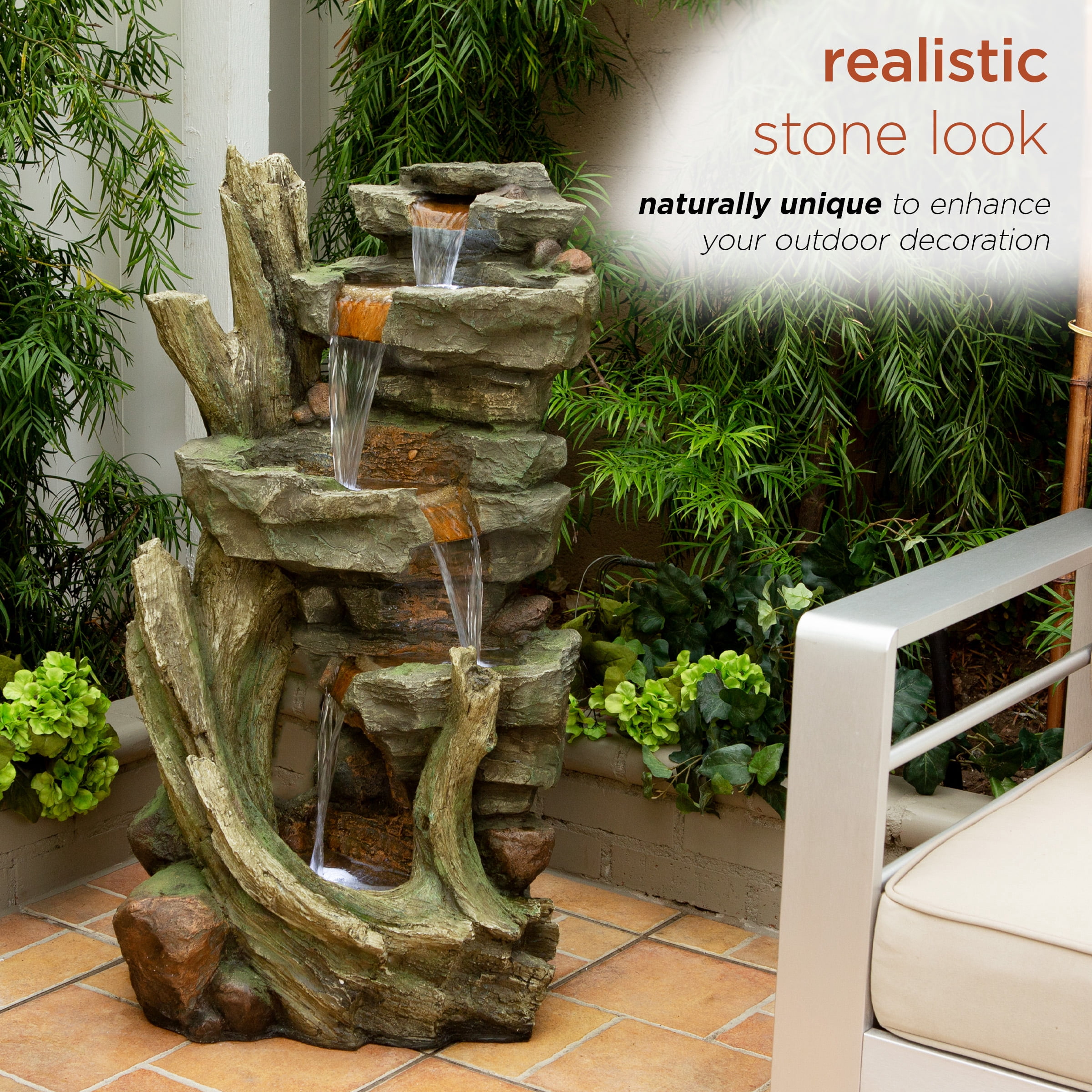 Alpine 39" Outdoor Multi-Tier Stone Tower Waterfall Electric Fountain with LED Lights