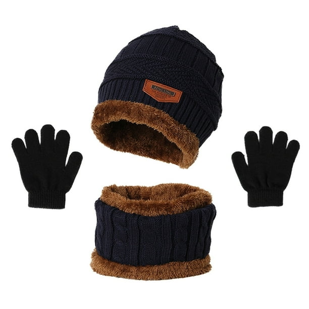 ¡Descuento! Gorro Fdelink de invierno para niños y niñas, gorro de tres piezas, tejido a prueba de viento, cálido, grueso, con guantes, gorro azul marino.