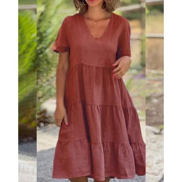 Vestido de verano para mujer, con escote en V, informal, holgado, de color liso, con falda grande