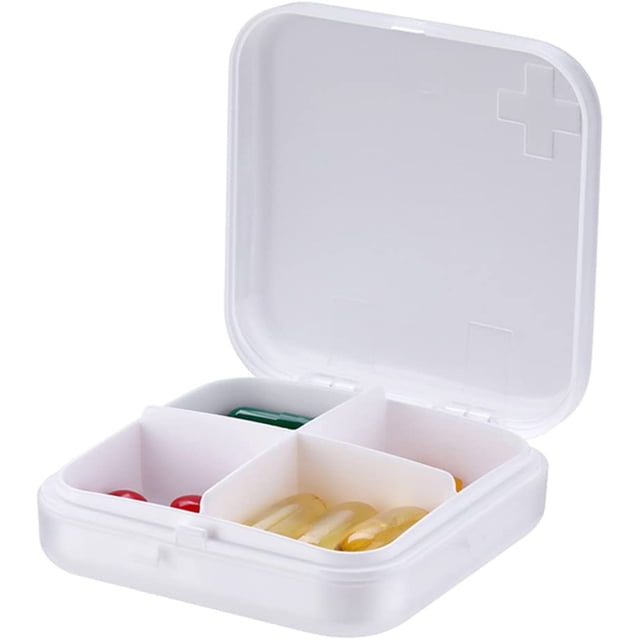 Pill Organizer - Portable Pill Box Small Pill Container for Purse or Pocket, Excellent Pill Storage Case (White, 4 Compartment)