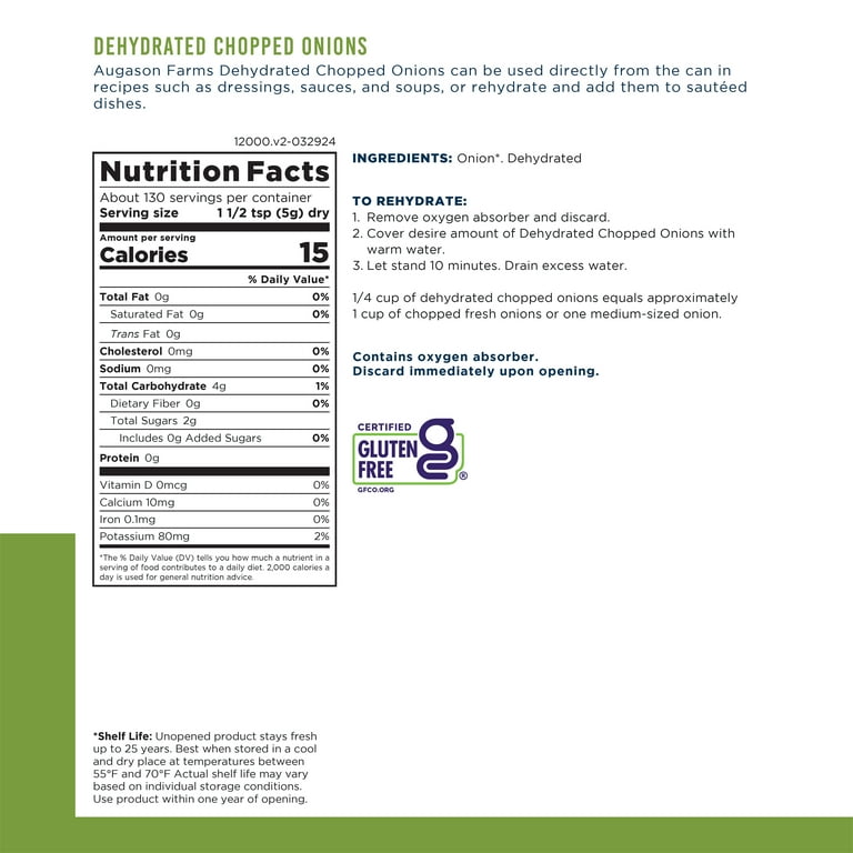Augason Farms Dehydrated Chopped Onions No. 10 Can with Long Shelf 