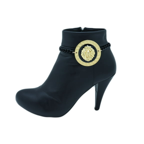 Women Black Metal Chain Boot Bracelet Shoe Anklet Gold Lion Charm Jewelry
