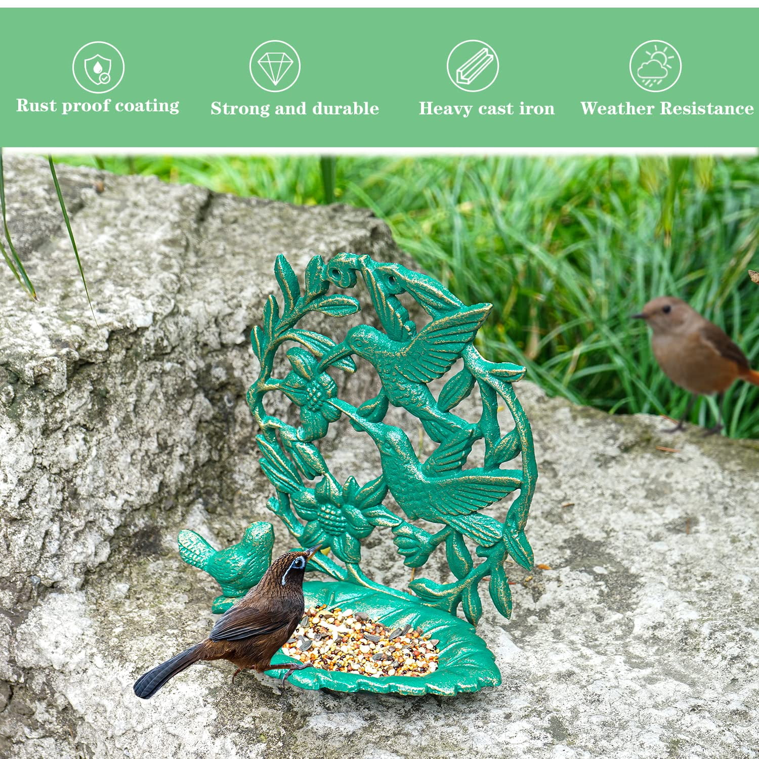Sungmor Cast Iron Wall Mounted Bird Feeder, Cute Hummingbird Decor Small Water Bath, Wall Hanging Fence Bird Bath Feeder, Beautiful Green Birdfeeder for Garden Backyard Patio Wall Decoration