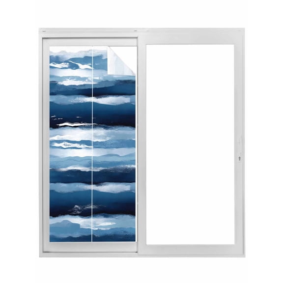 Navy Blue Ombre Window Privacy Film, Modern Oil Painting Waves Abstract Static Cling UV Sun Blocking Tint Film Heat Control Windows Films for Bedroom Bathroom, Window Stickers 35.4"x78.7"