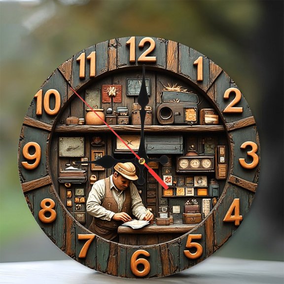 Vintage Wooden Craftsman Clock Wall Decor 10-Inch Silent Wooden Wall Clock, Battery Operated (AA Batteries Not Included), Artistic Home Decor