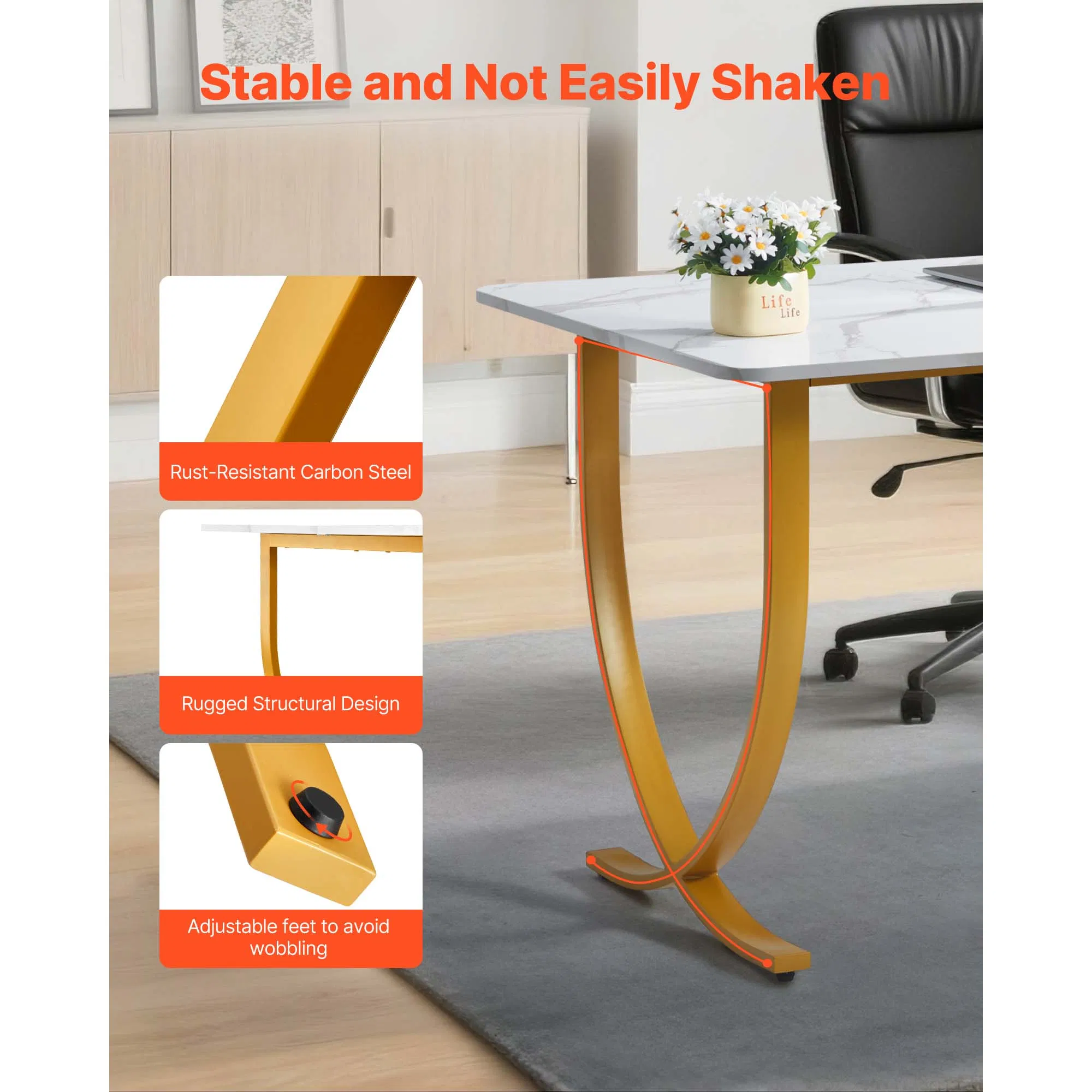 Large White and Gold Executive Desk 63" Wx31.5" D-Modern Office Computer Table for Home Office and Conference Room Furniture