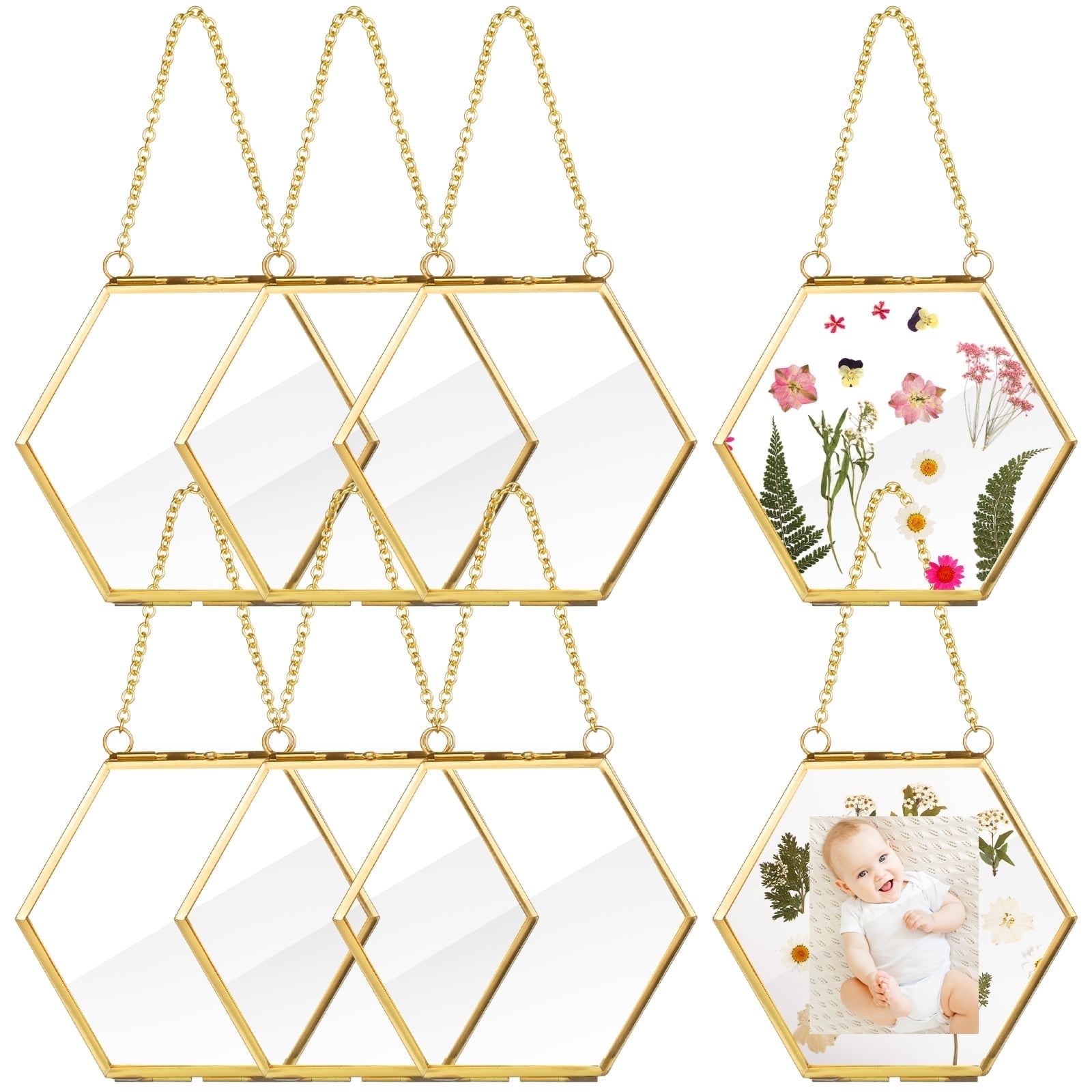8 Pcs Hexagonal Glass Floating Frames – Gold Metal Pressed Flower Frames with Chains, Hanging Double-Sided Display for Dried Flowers, Photos & DIY Crafts