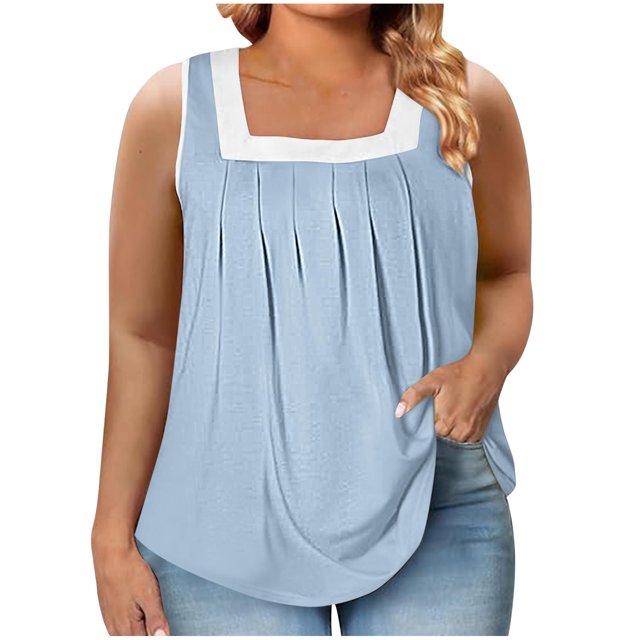 Timegard Débardeurs Grande Taille pour Femmes Col Carré Plissé Sans Manches Chemises Décontractées Confortables