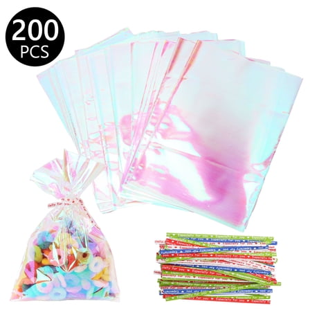 Tripumer 200 Pcs Iridescent Cellophane Bags 4 x 6 inch Cellophane Treat Bags Plastic Cello Gift Bags for Cookie Candy Popcorn Party Favors Small Gifts