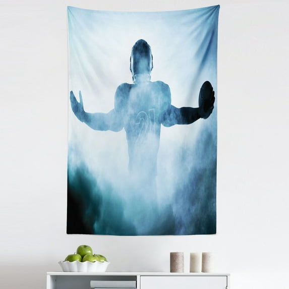 Blue Tapestry, Heroic Shaped Rugby Player Silhouette Shadow Standing in Fog Playground Global Sports Photo, Fabric Wall Hanging Decor for Bedroom Living Room Dorm, 5 Sizes, Blue, by Ambesonne
