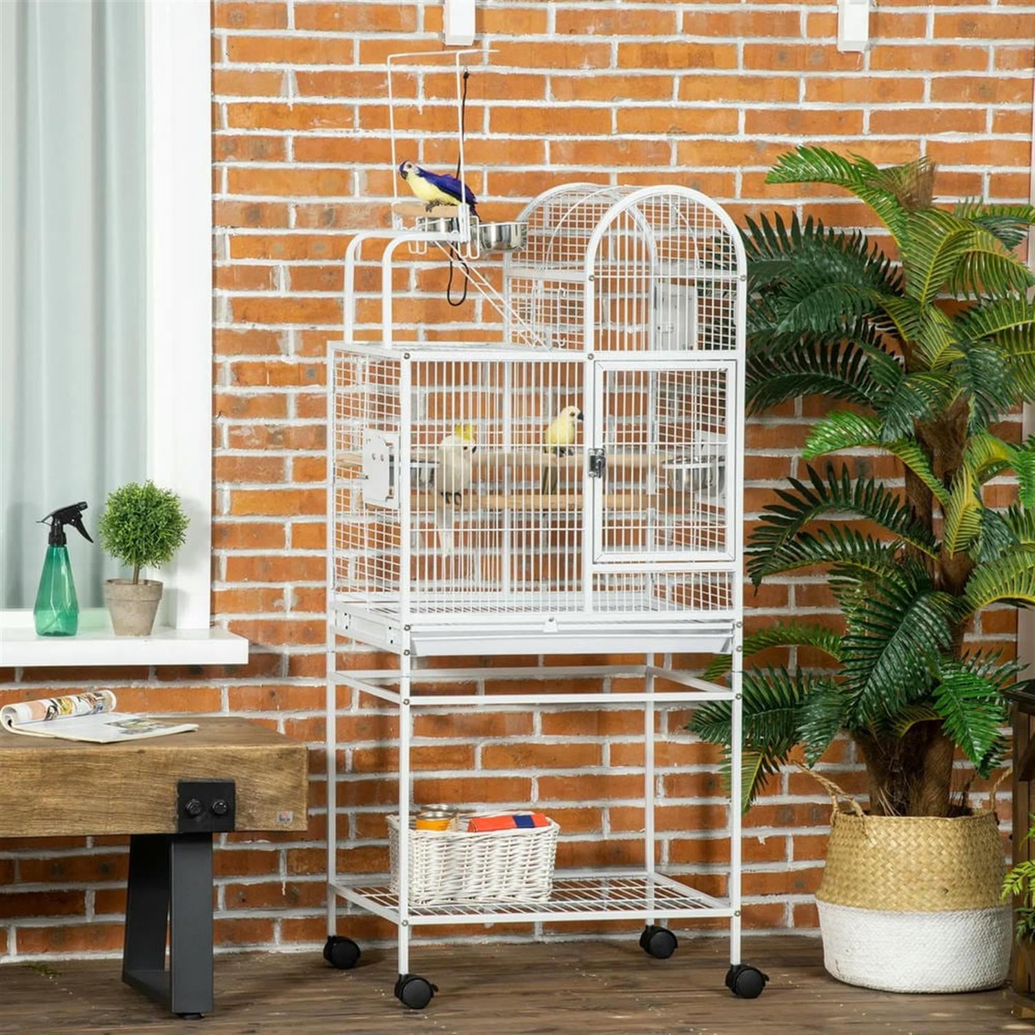 Kadyn 64" Height Large Flight Cage, Bird Cage with Rolling Stand, Hooks Above, Perch, Tray, Food Cups for Parrots Conures Lovebird Cockatiel Parakeets, White