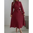 thumbnail image 2 of ZOELNIC Women's Mock Neck Long Sleeve Dress High Waist Belted Pleated Flowy A-Line Cocktail Party Maxi Dress, L, 2 of 7