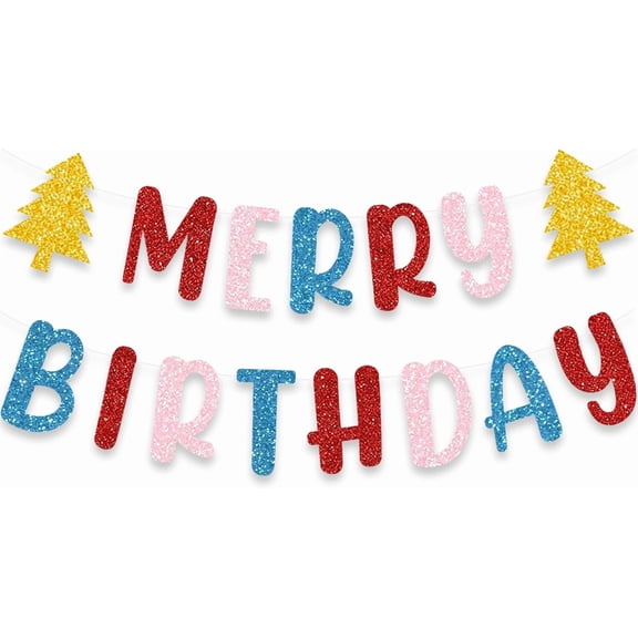 Merry Birthday Christmas Glitter Banner Holiday Party Garlands Red Pink BLue Mantel Wall Home Colorful Christmas Font Decorations