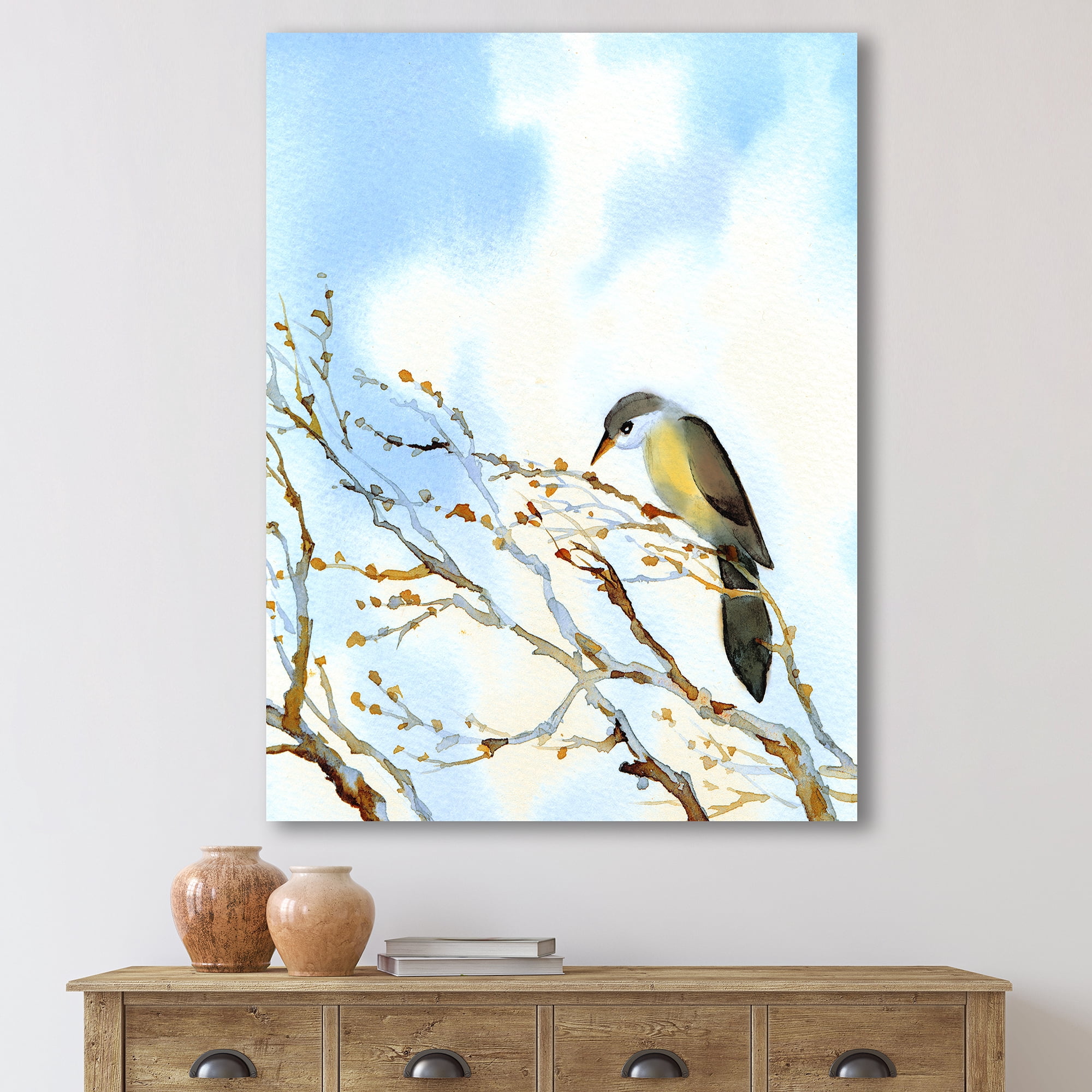 Designart ' Old Bird Sitting On Tree ' Traditional Canvas Wall Art Print
