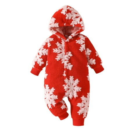 

WUXIAN Toddler Boys Girls Winter Keep Warm Long Sleeve Christmas Snowflake Printed Romper Hooded Jumpsuit Infants Baby Onesie Children Trendy Dailywear