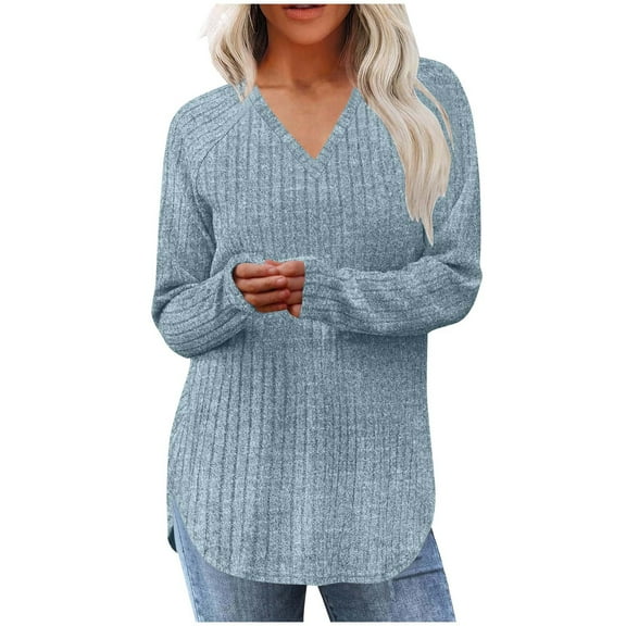 Wyobmus Long Sleeve Shirts for Women Casual V Neck Ribbed Knit Tunic Loose Fit Dressy Split Hem Sweaters Fall Fashion Clothes Light Blue