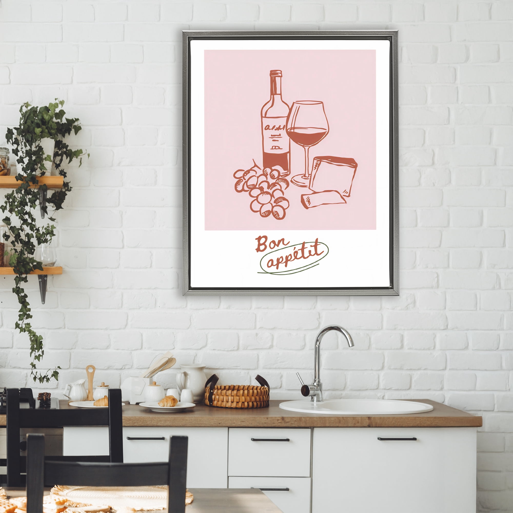 Stupell Industries Bon Appetit Wine & Grapes Gray Framed Floater Canvas Wall Art, design by The Prints Vibe